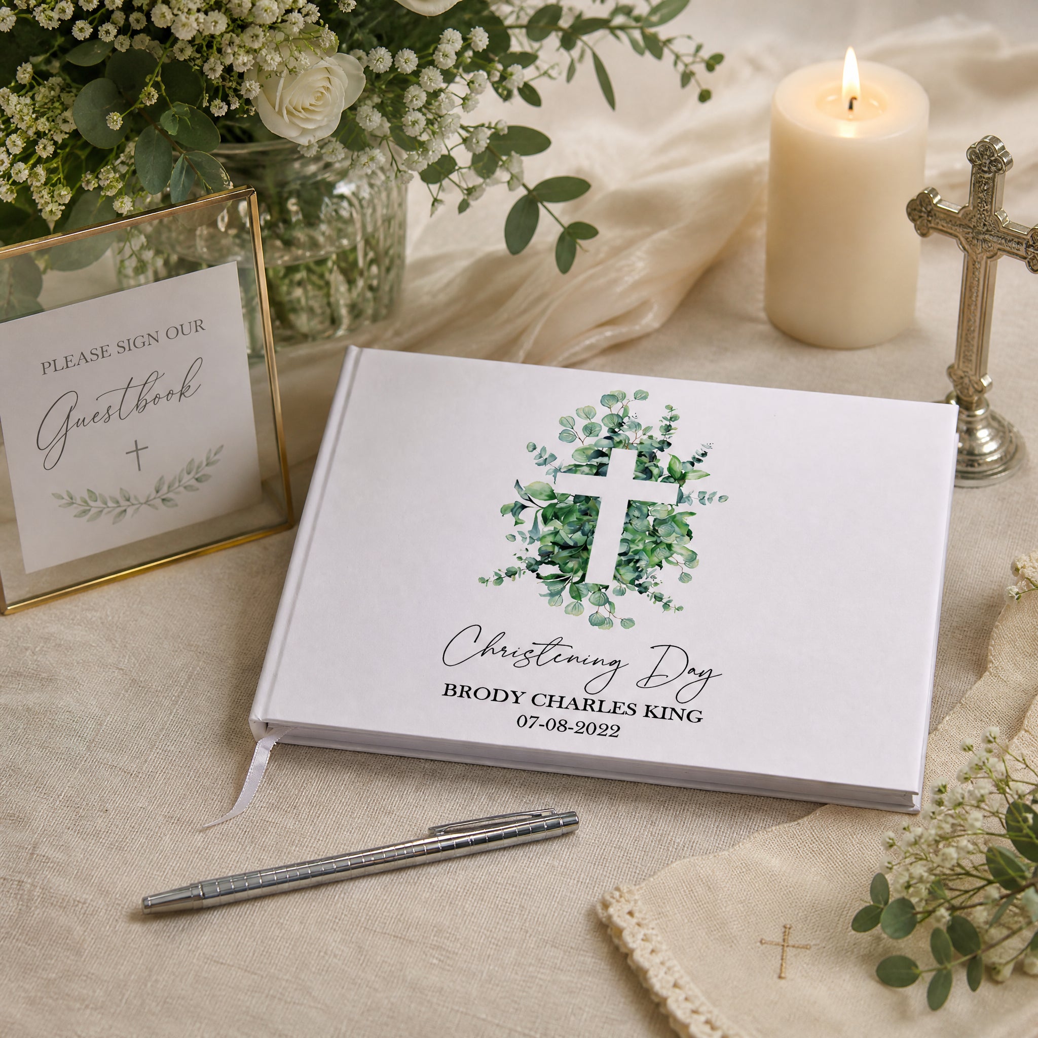 Personalised Christening Guest Book Eucalyptus and Cross Guest Book ukgiftstoreonline