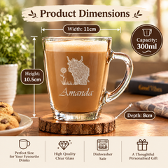 Personalised Engraved Glass Coffee Cup, Tea Cup, Any Name and Highland Cow Personalised Birthday Gift ukgiftstoreonline