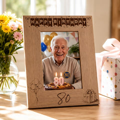 80th Birthday Photo Frame Portrait Wooden Engraved Bunting Style Gift Birthday Photo Frame ukgiftstoreonline