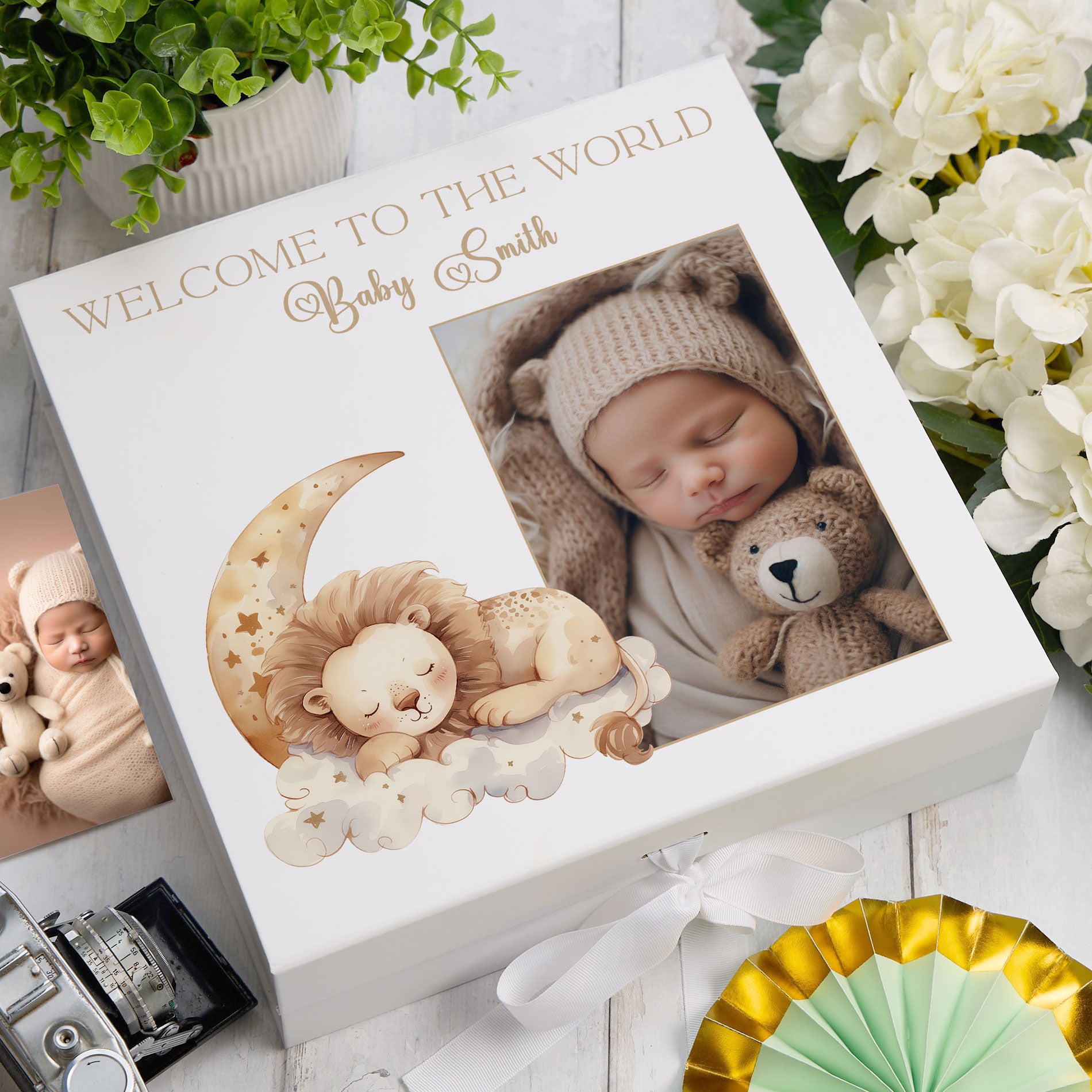 Personalised White Baby Memory Box, Cute Sleeping Animal Design, Keepsake For Special and Favourite Mementos
