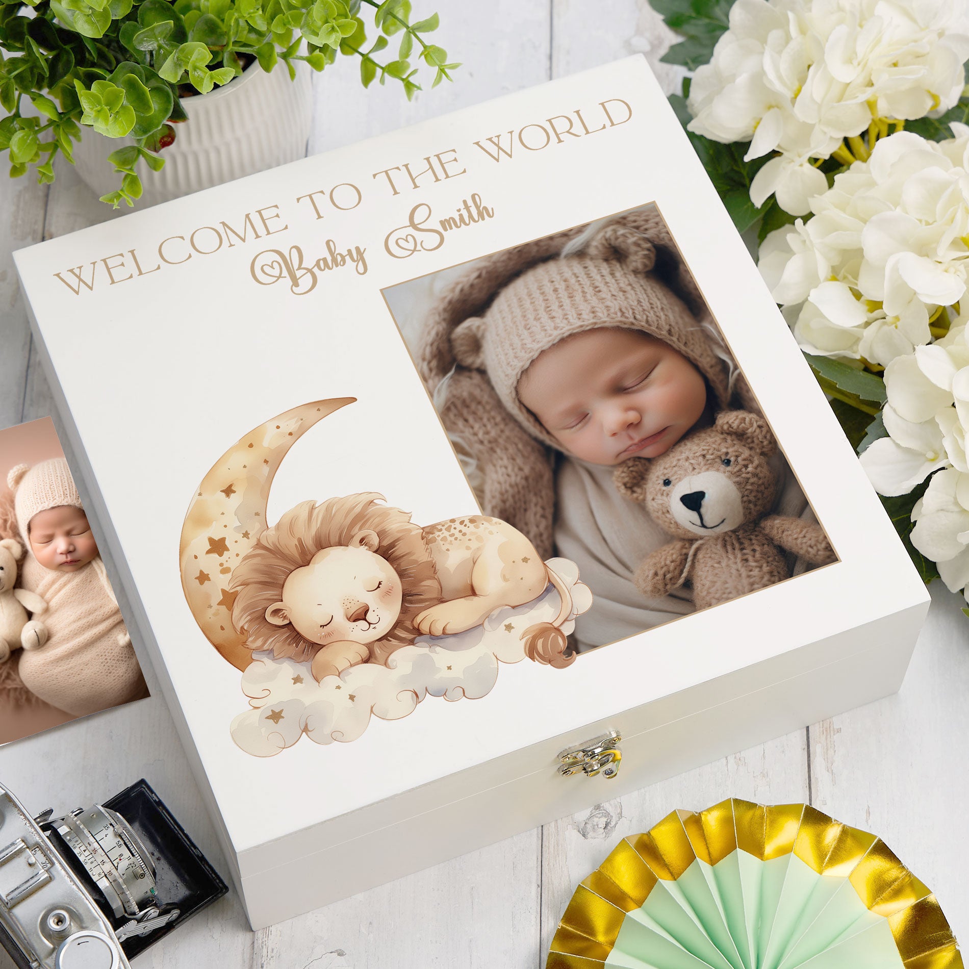 Personalised White Baby Memory Box, Cute Sleeping Animal Design, Keepsake For Special and Favourite Mementos