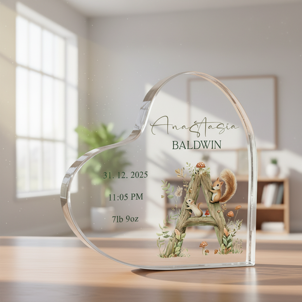 Personalised New Baby Gift Heart-Shaped Acrylic Plaque Custom Keepsake Woodland Alphabet Design Acrylic Glass Gift ukgiftstoreonline