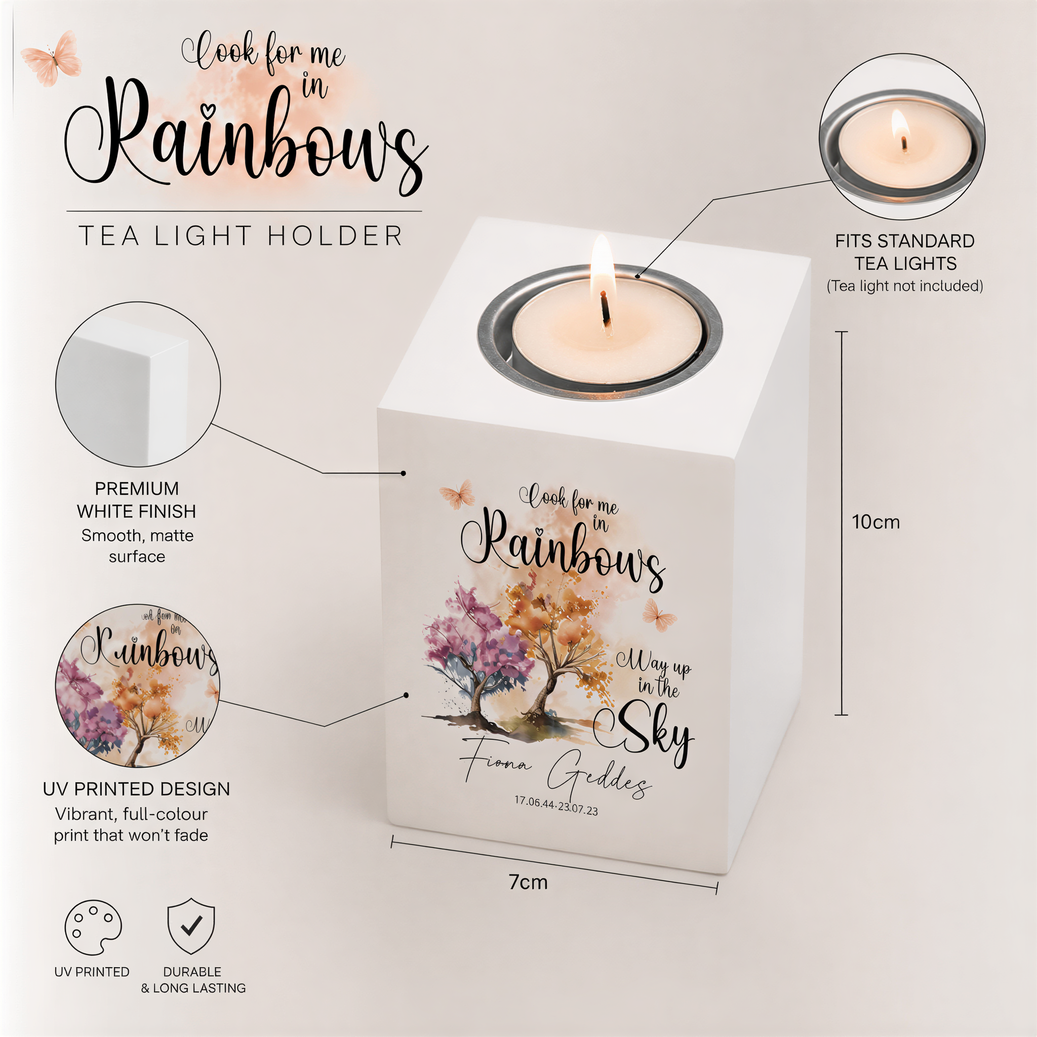Memorial Tea Light Candle Holder, Personalised Rainbow Wood 10Cm Tea Light Holder ukgiftstoreonline