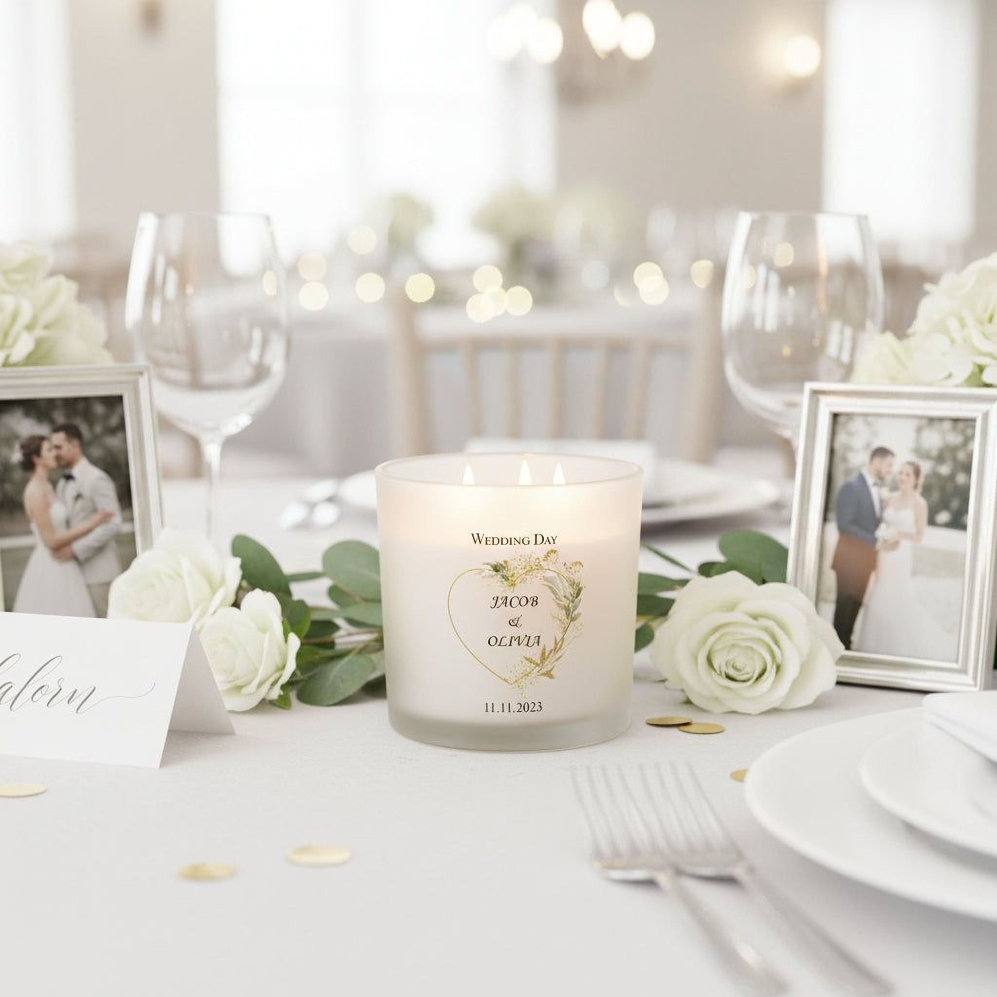 Personalised Large Double Wick Wedding Candle Gift With Gold Leaf personalised Candle Lights ukgiftstoreonline