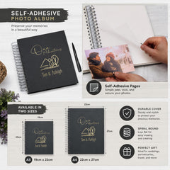 The image is a promotional advertisement for a self-adhesive photo album. It features a black album with gold text and a photo of a couple, along with a person holding the album. The ad highlights the album's features, such as the ability to peel and stick photos, the option to create spiral bound pages, and the durability of the cover. The ad also mentions that the album is available in two sizes and can be used as a perfect gift for various occasions.