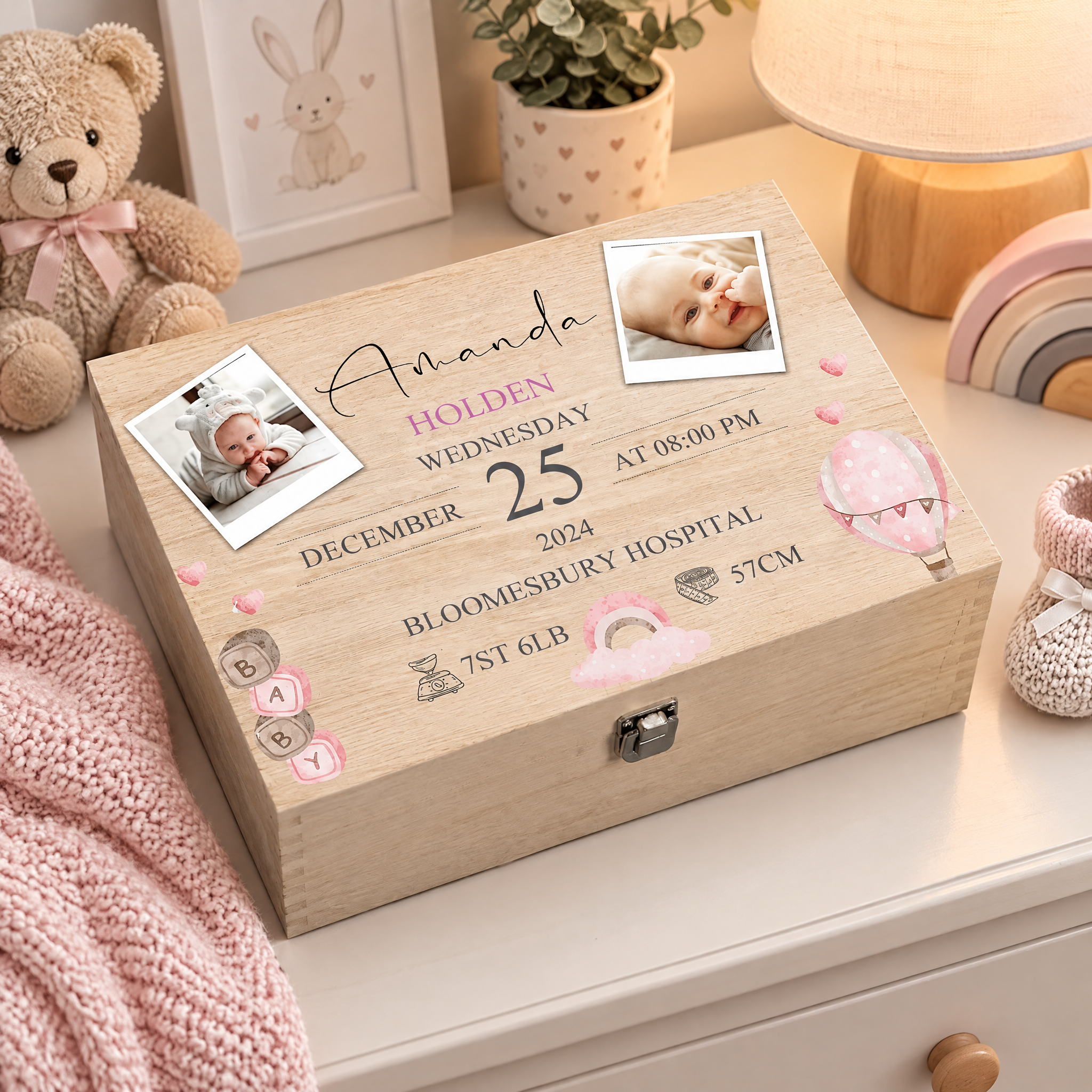 Personalised Wooden Baby Girl Memory Keepsake Box With Photos and Birth Details Keepsake Memory Box ukgiftstoreonline