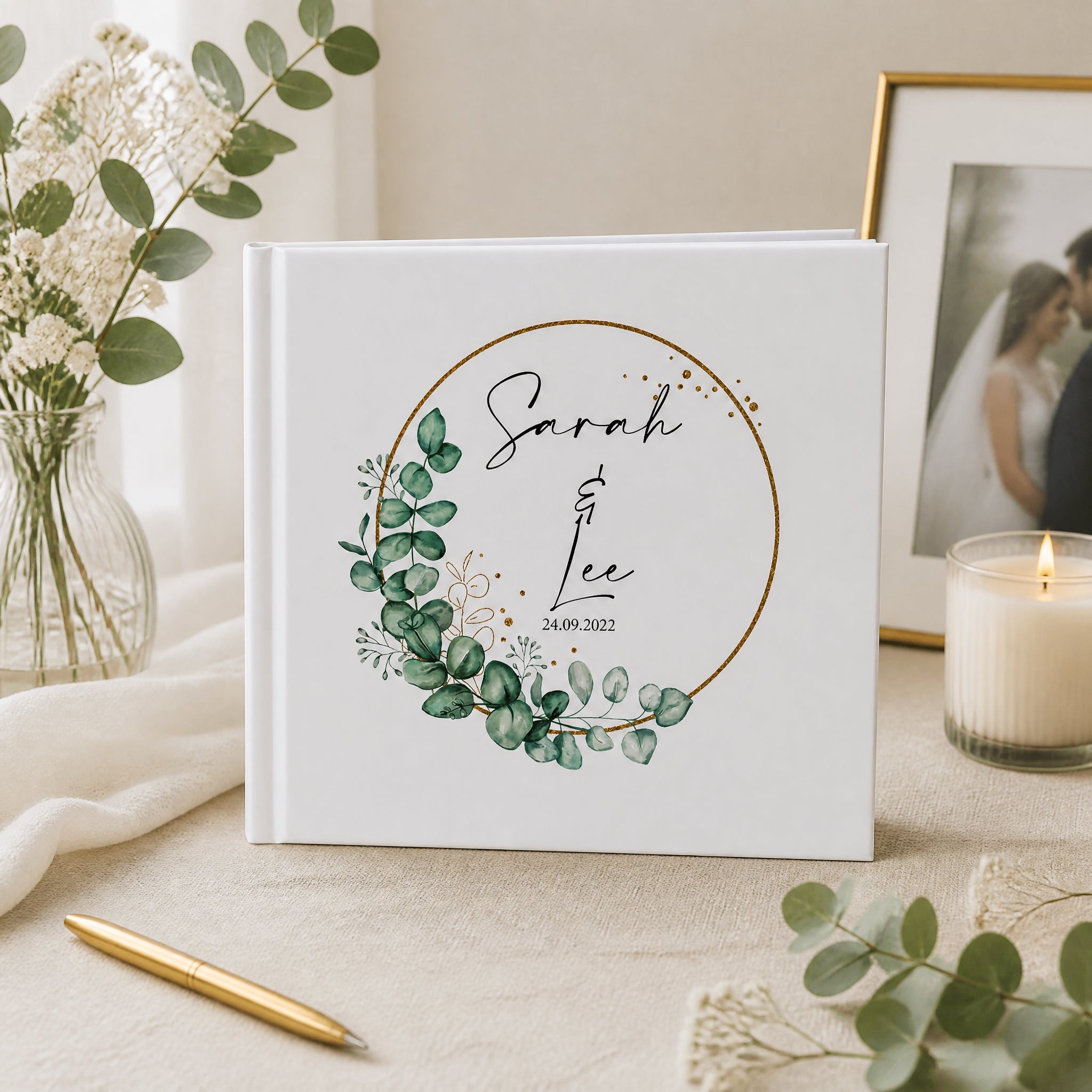 Personalised Wedding Photo album Gift With Eucalyptus Wreath personalised photo album ukgiftstoreonline