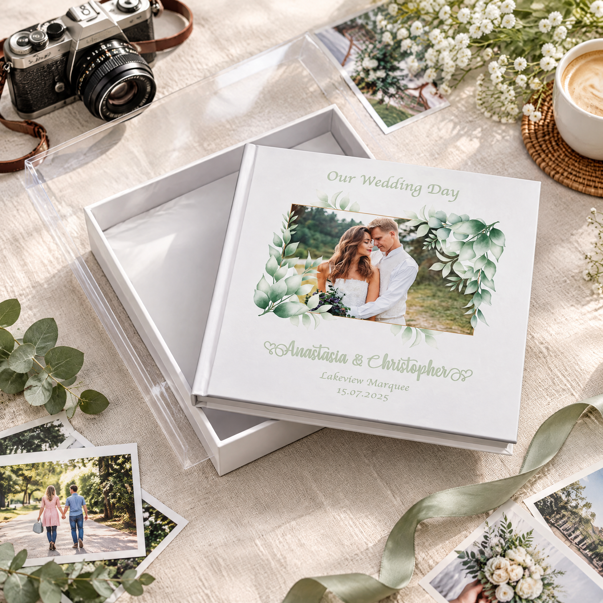 Personalised White Wedding Photo Album Gifts Custom Photo Design With Leaves Frame photo album ukgiftstoreonline