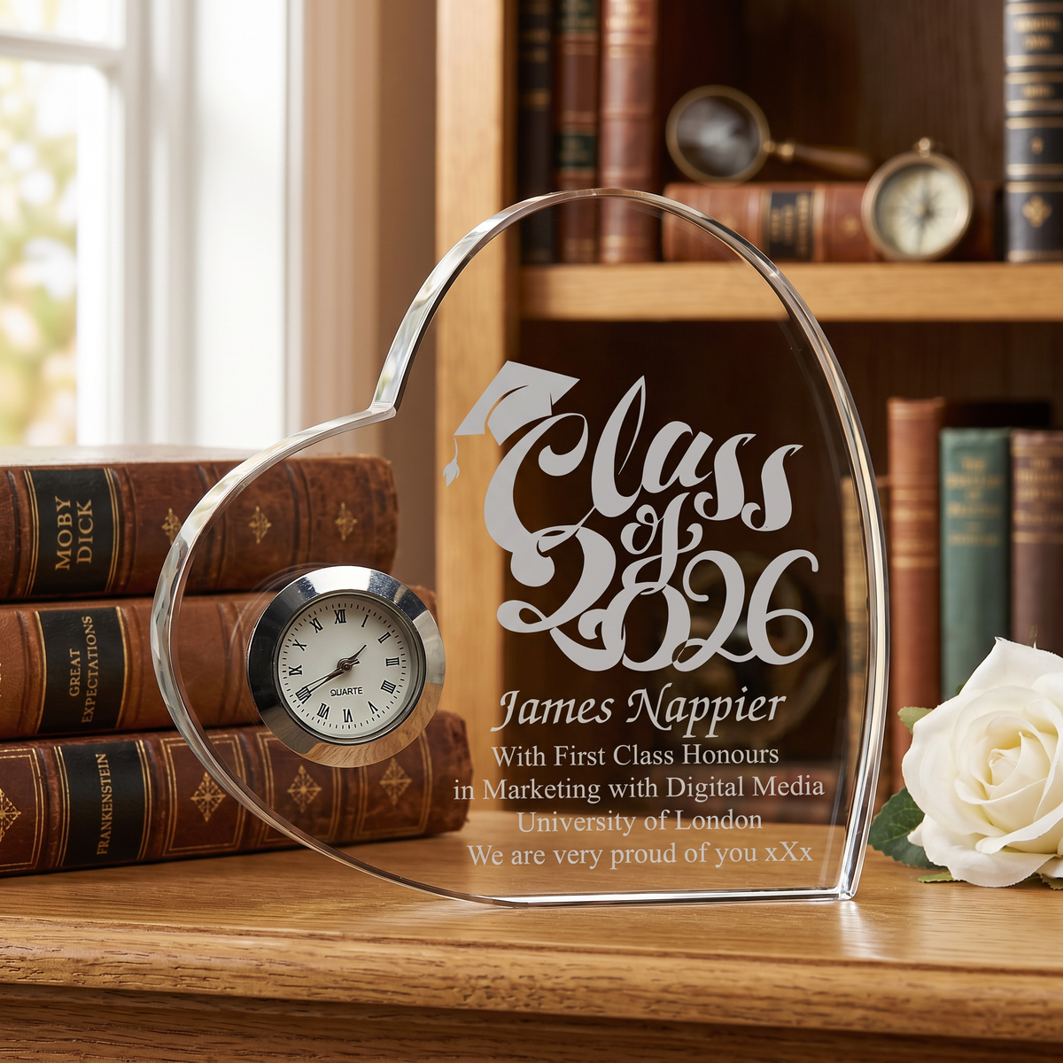 Engraved Personalised Graduation Gift Crystal Glass Clock With Year Personalised Clocks ukgiftstoreonline