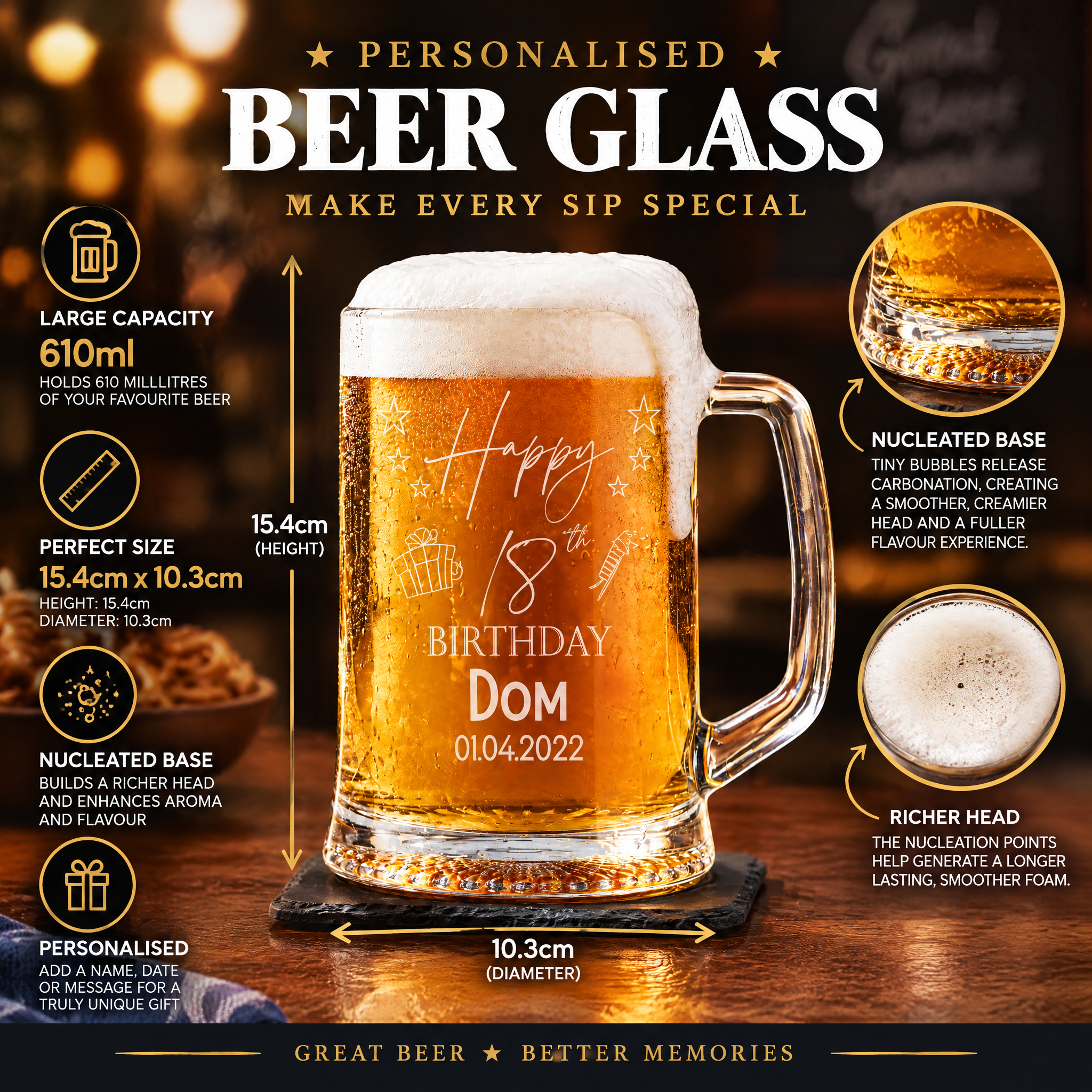 Personalised 18th Birthday Pint Engraved Beer Tankard Glass with Stars personalised beer glasses ukgiftstoreonline