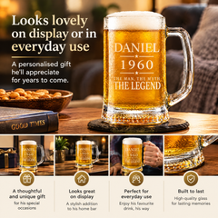 Personalised Beer Tankard – Engraved Man Myth Legend Birthday Gift for Him 20oz Glass personalised beer glass tankard ukgiftstoreonline