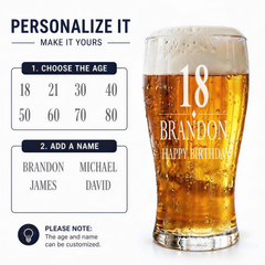 a personalized beer glass with the name "Brando" and the age "18" printed on it, along with a birthday message.