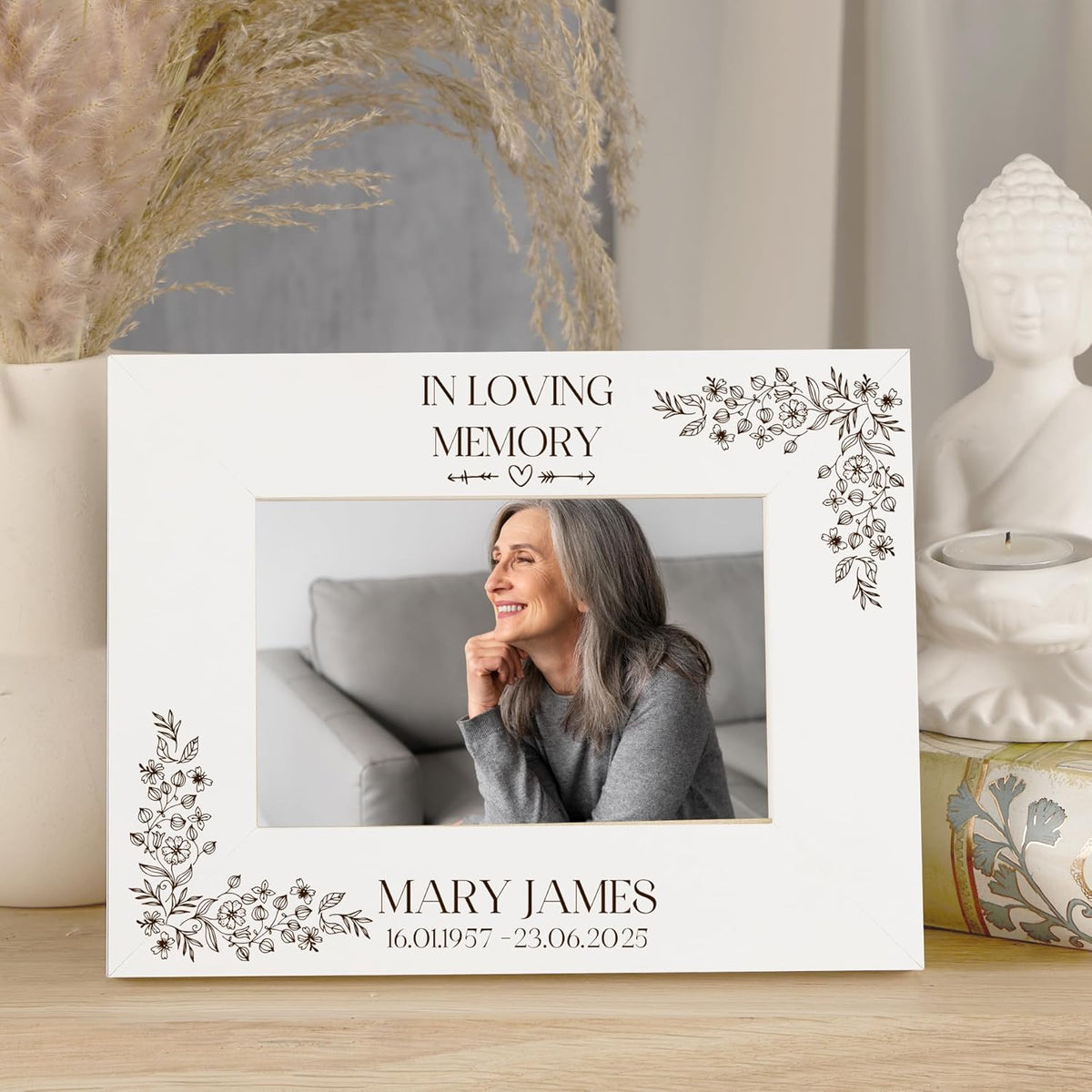 Personalised White Wooden Photo Frame with Engraved Floral Design, In Loving Memory Memorial Picture Display, Portrait or Landscape Orientation, Custom Name and Dates