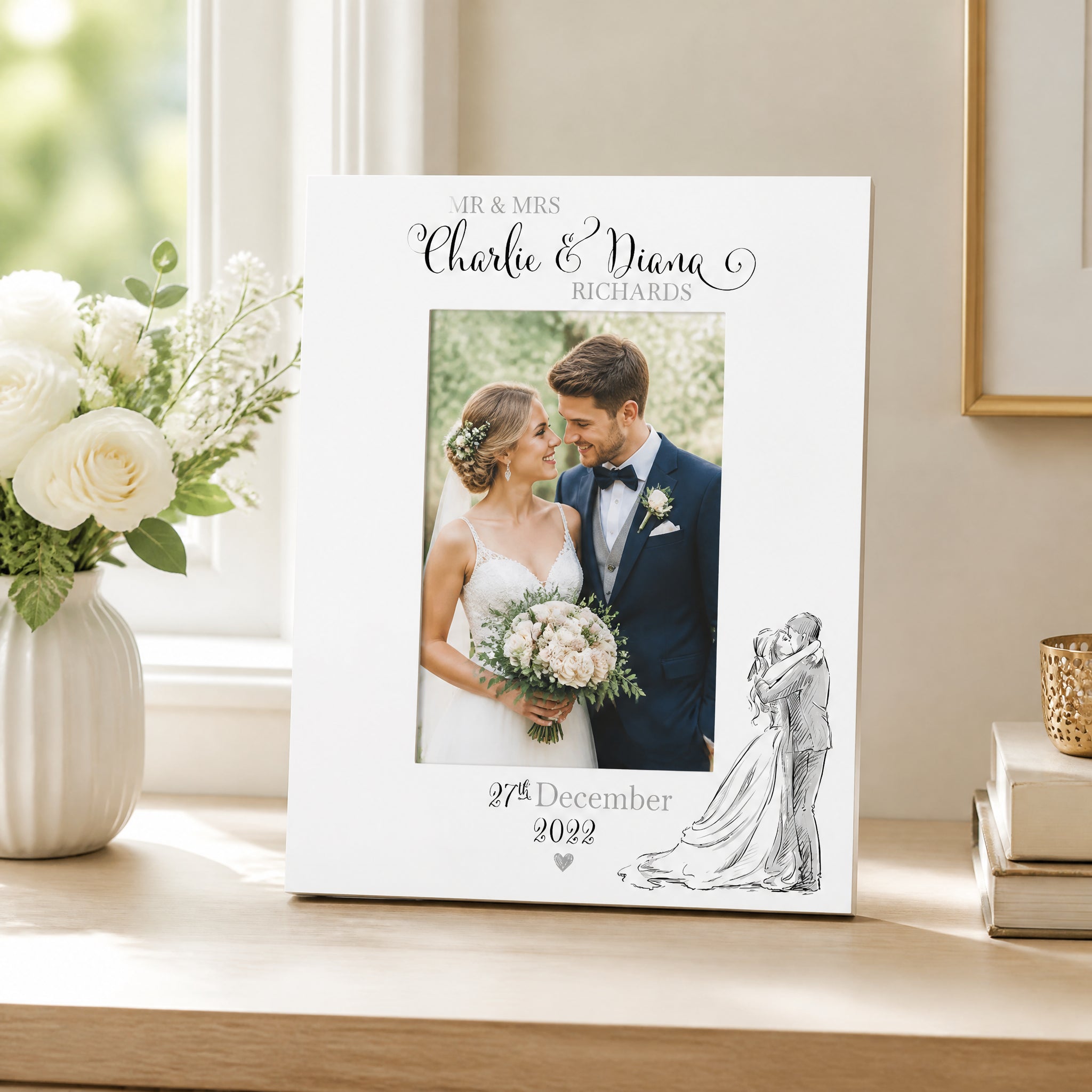 Personalised Wedding Day Wooden Photo Frame Gift With Sketch Couple Photo Frame ukgiftstoreonline