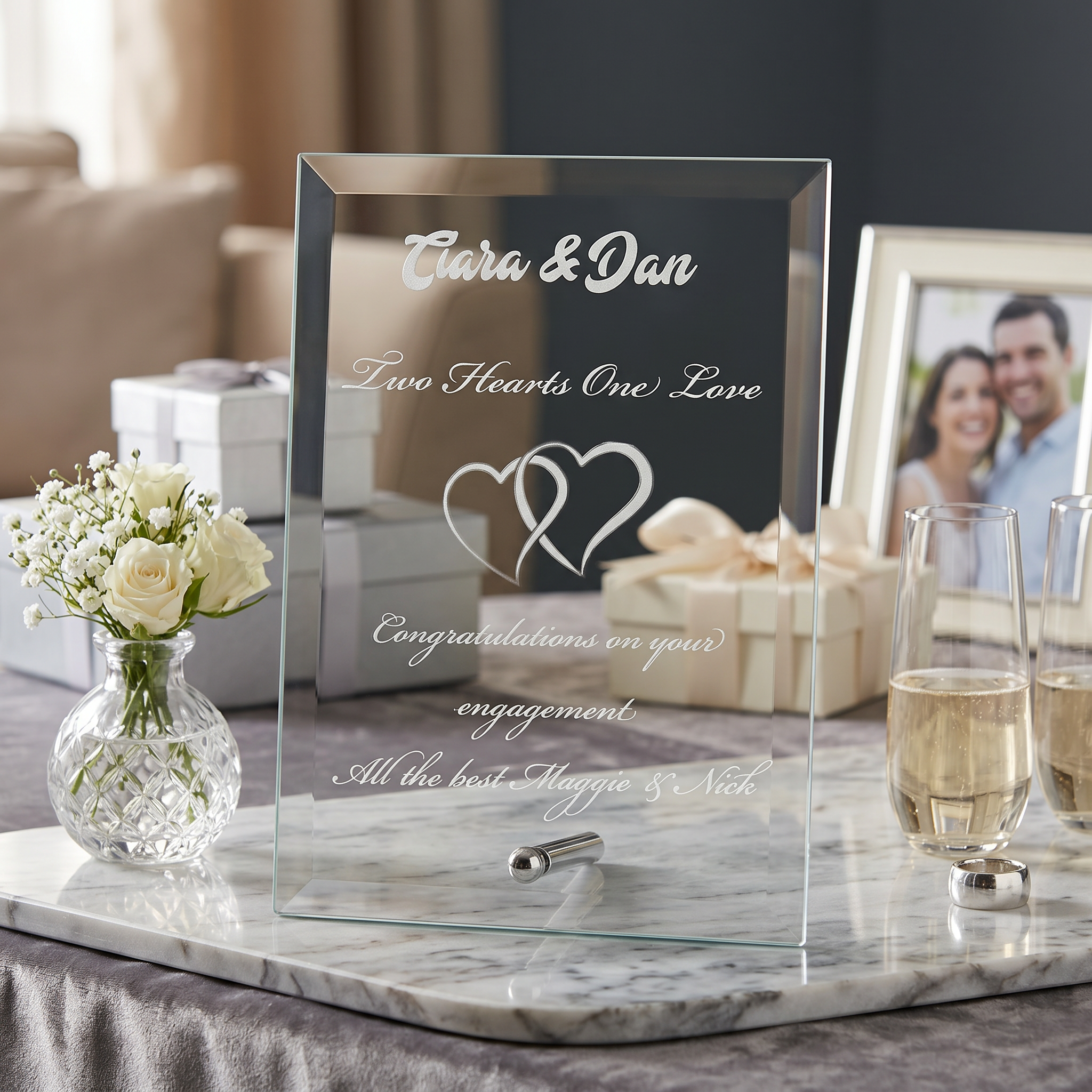 a glass display case with a personalized message, a vase of white roses, and a couple's photo in the background.