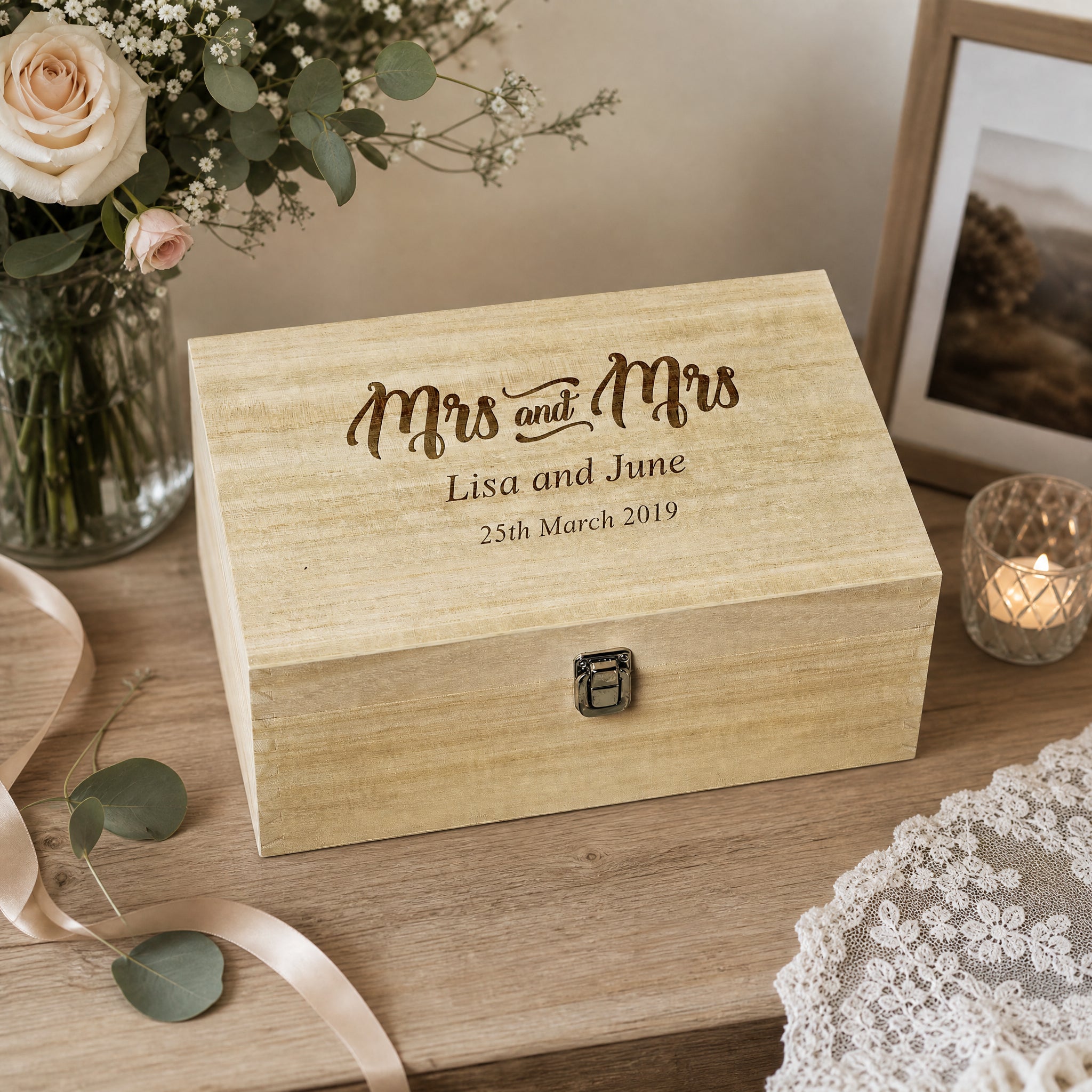 Personalised Wedding Gift | Mrs & Mrs Wooden Keepsake Box Engraved Keepsake Memory Box Raised Words
