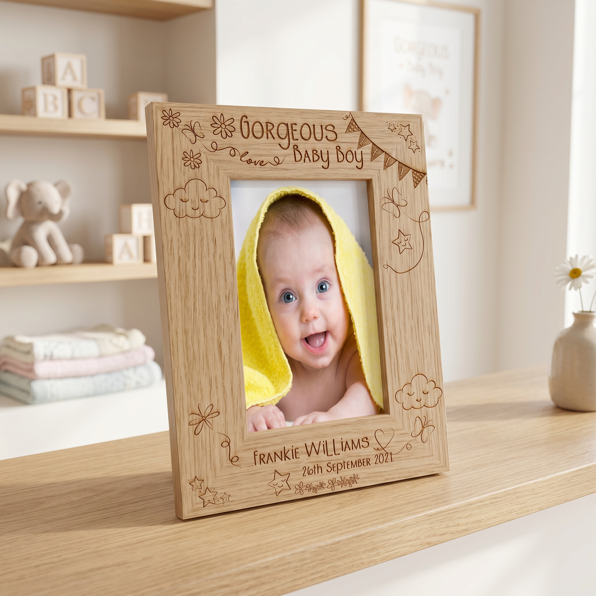 Personalised Baby Boy Frame - Custom Wooden Photo Frame | Engraved Name & Date Gift Baby Boy Photo Frame ukgiftstoreonline