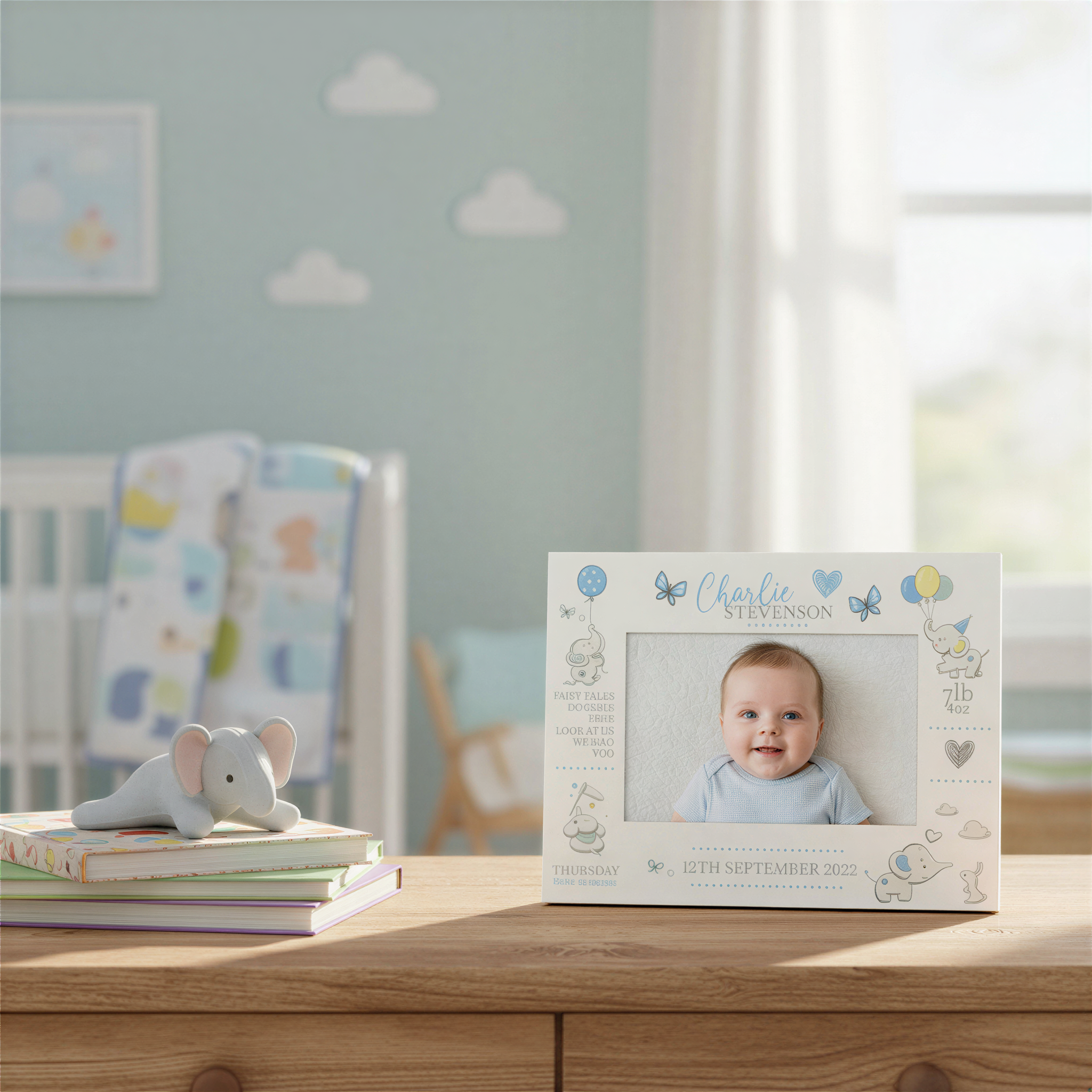 Personalised Baby Photo Frame, Boy Birth Details, Cute Elephant Photo Frame ukgiftstoreonline