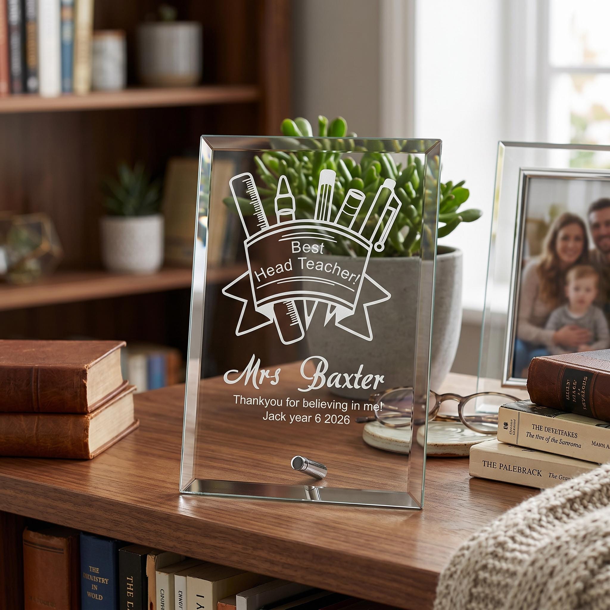 A glass plaque on a wooden table, displaying a personalized message for a teacher named Mrs Baxter, with a picture of a family in the background.