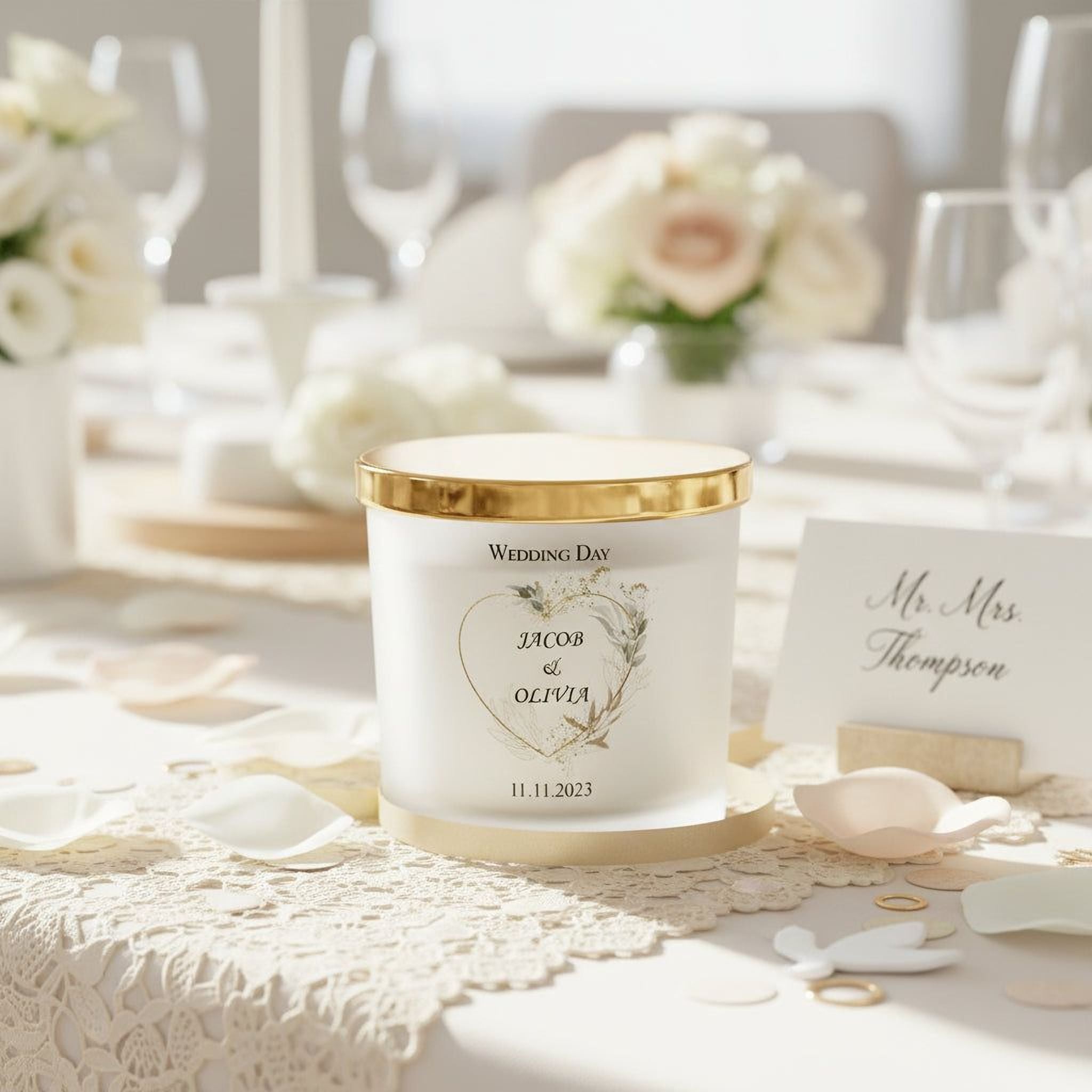 Personalised Large Double Wick Wedding Candle Gift With Gold Leaf personalised Candle Lights ukgiftstoreonline