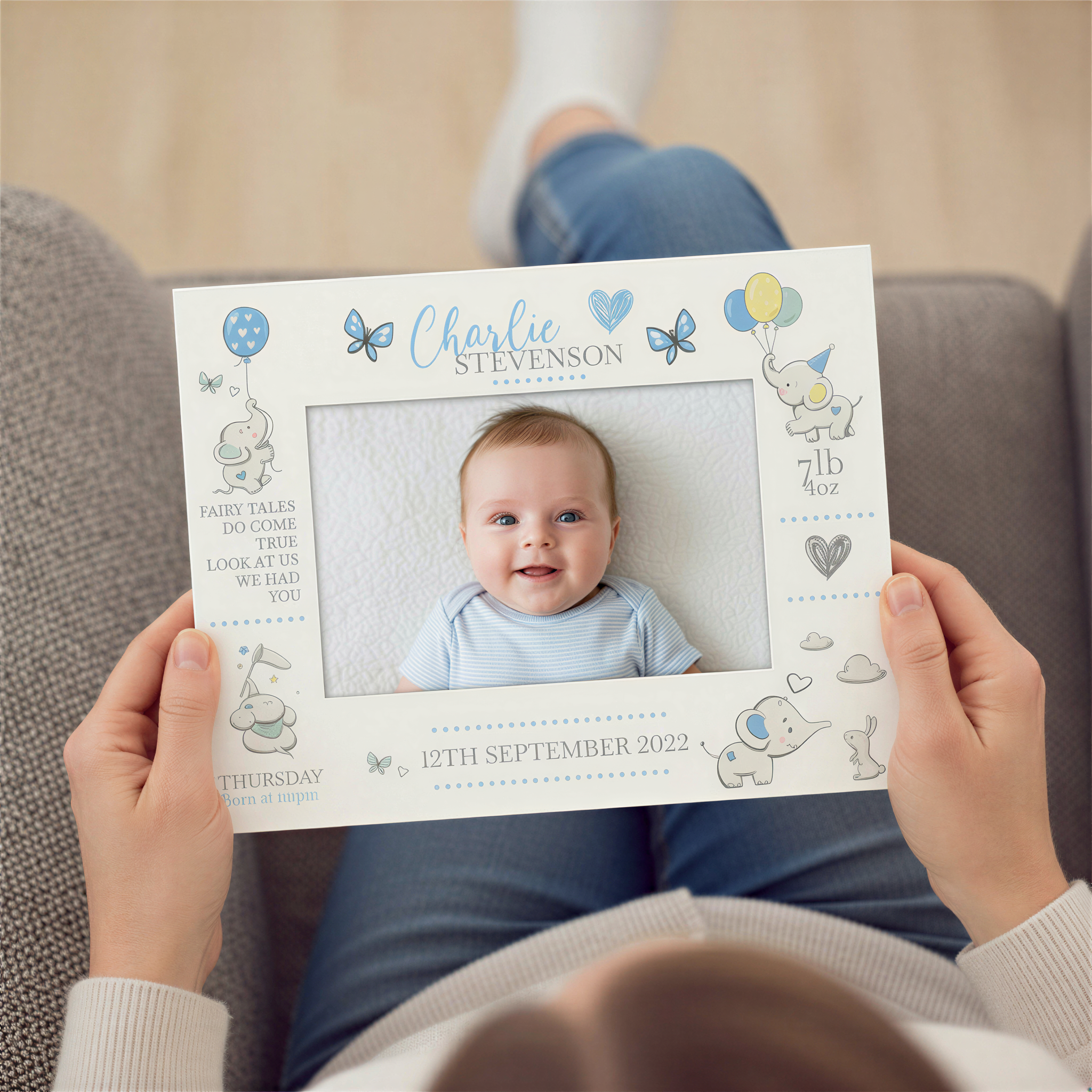 Personalised Baby Photo Frame, Boy Birth Details, Cute Elephant Photo Frame ukgiftstoreonline