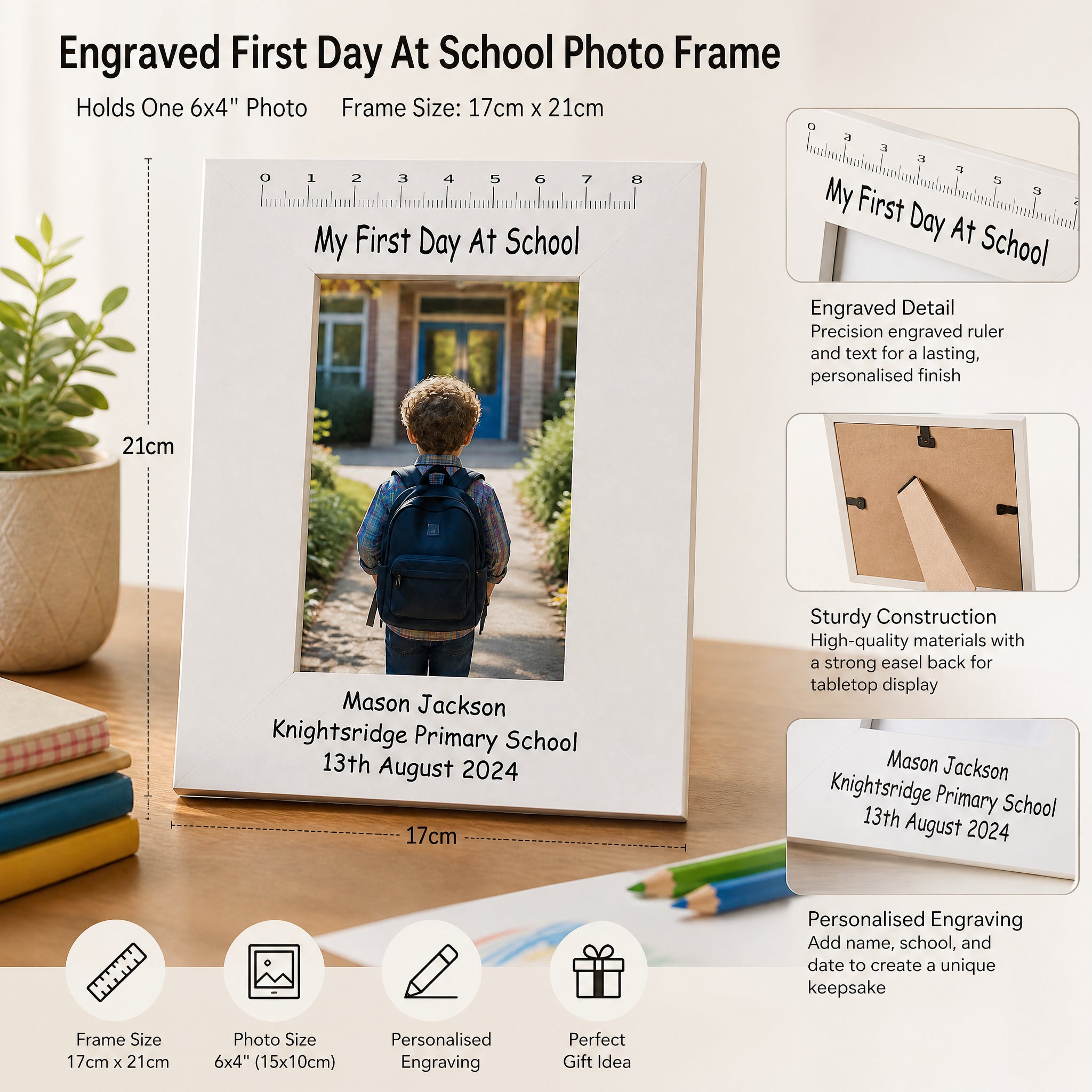 Personalised First Day At School White Photo Frame Engraved Photo Frame ukgiftstoreonline