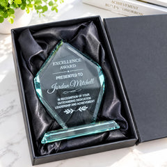 a clear glass award presented in a black box, placed on a white surface.