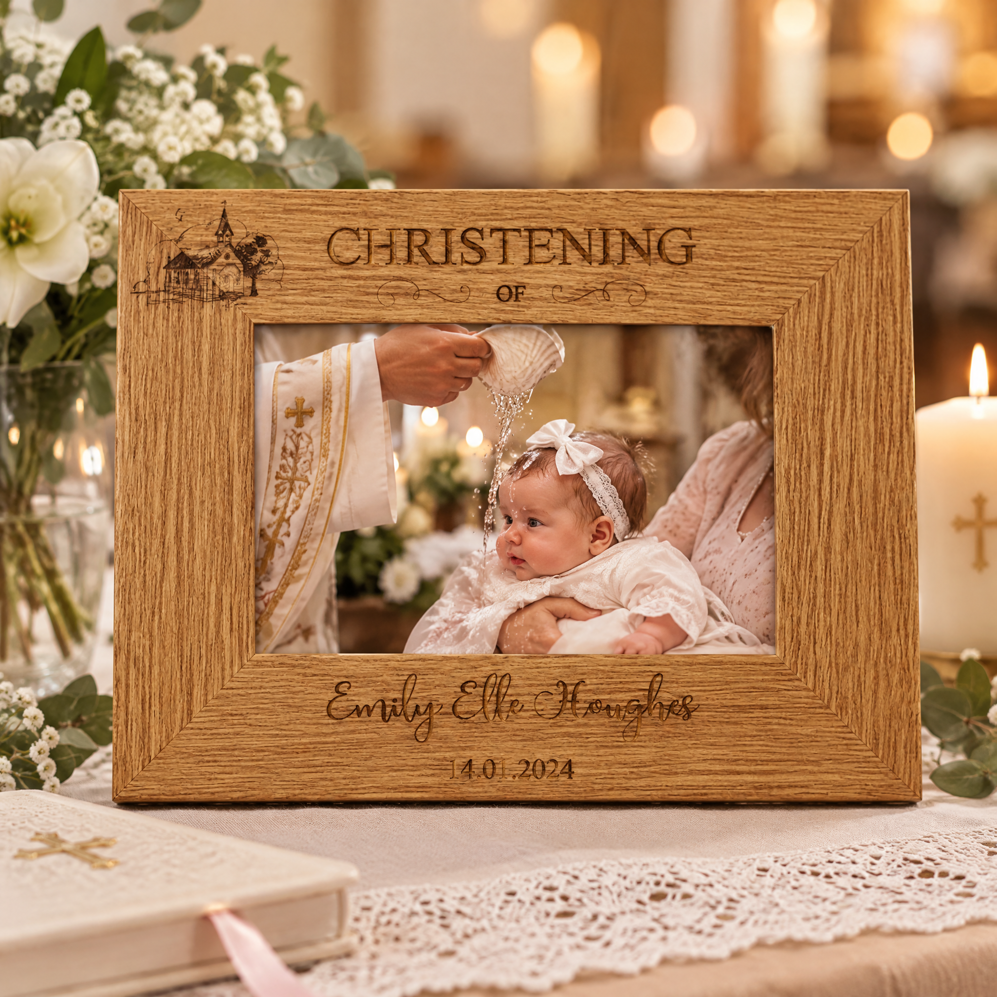 Personalised Engraved Wooden Christening Photo Picture Frame Landscape With Church Sketch Photo Frame ukgiftstoreonline
