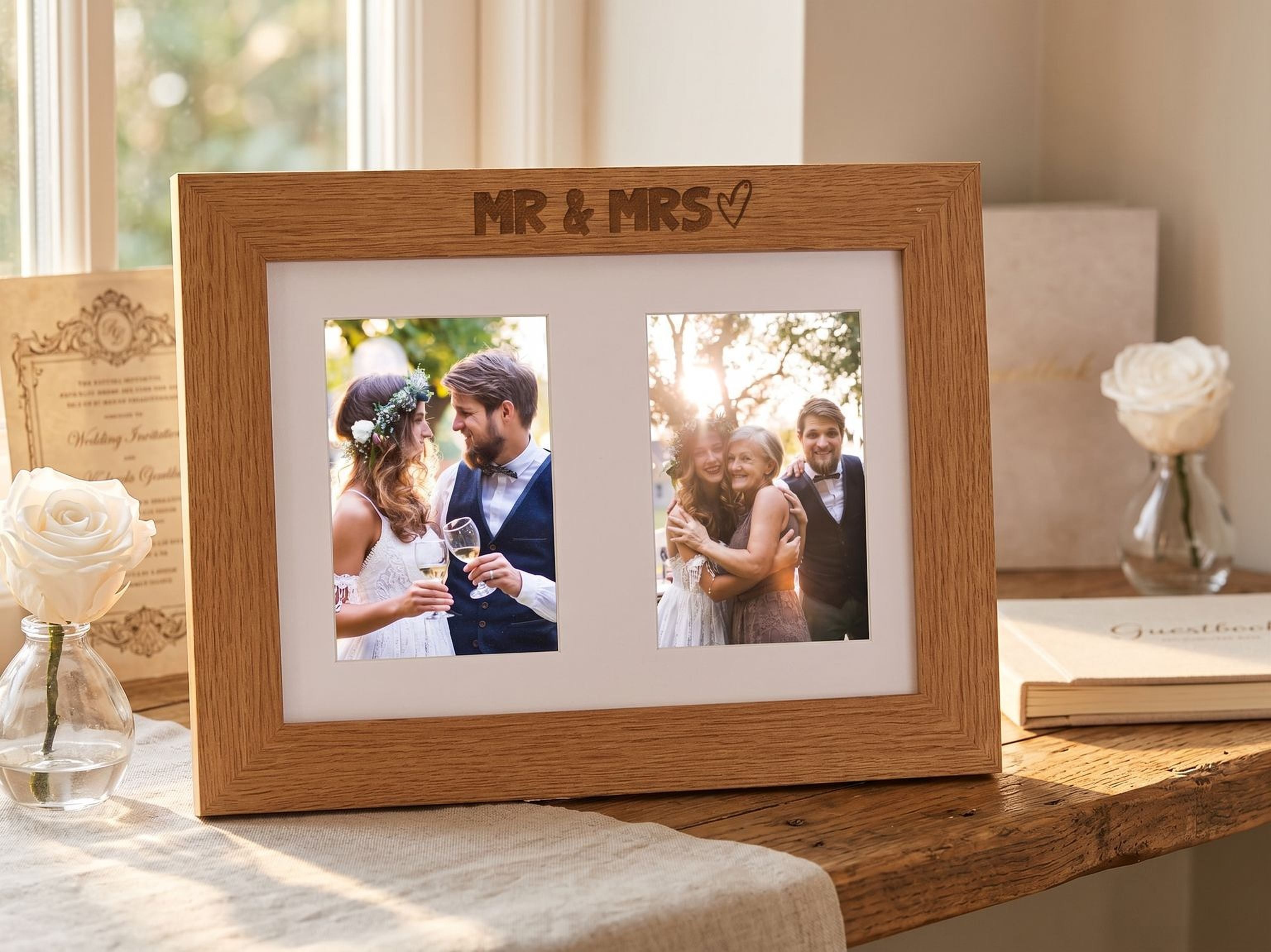 Wedding Photo Frame Double 6x4 Inch - Oak Wood Mr and Mrs Engraved Frame Photo Frame ukgiftstoreonline