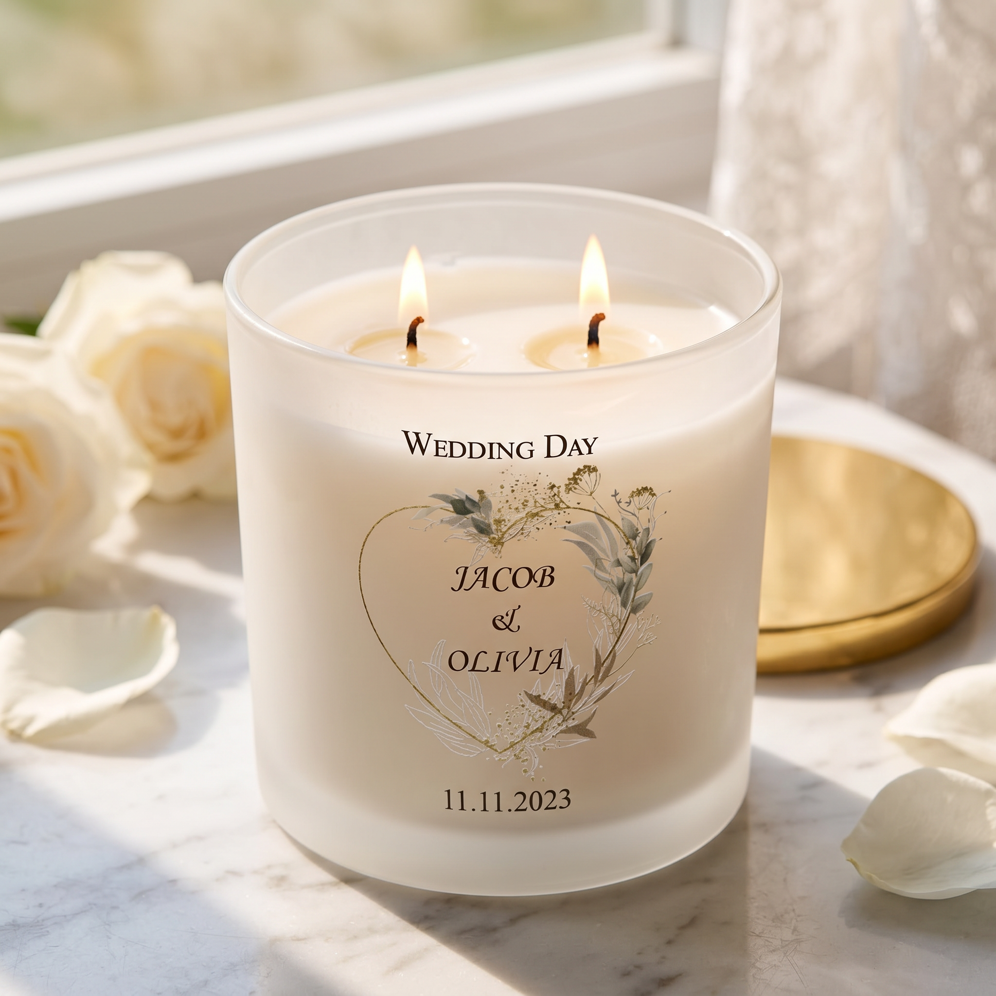 Personalised Large Double Wick Wedding Candle Gift With Gold Leaf personalised Candle Lights ukgiftstoreonline