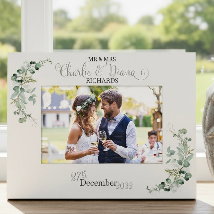 Personalised Wedding Day Photo Frame Gift With Eucalyptus Leaves