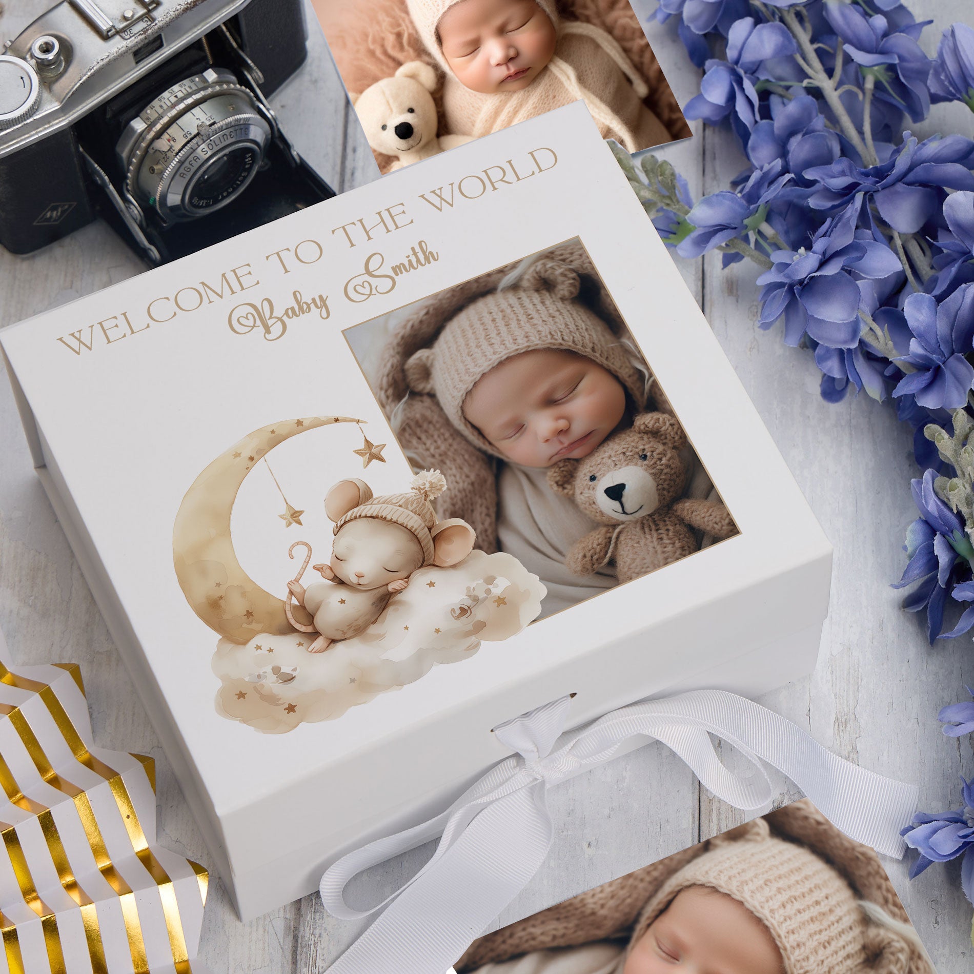 Personalised White Baby Memory Box, Cute Sleeping Animal Design, Keepsake For Special and Favourite Mementos
