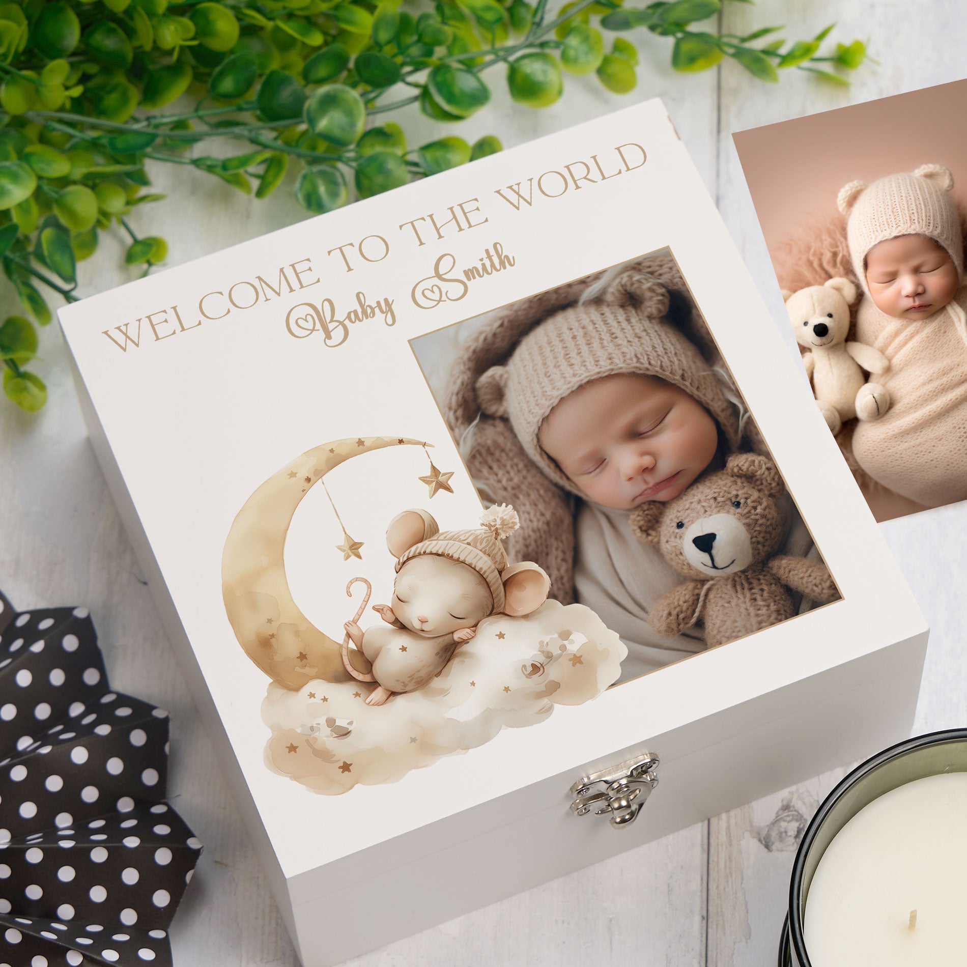 Personalised White Baby Memory Box, Cute Sleeping Animal Design, Keepsake For Special and Favourite Mementos