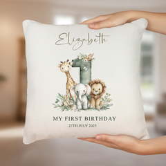 Personalised My First Birthday Baby Cushion, Safari Animals Design, Linen, Custom Pillow Nursery Keepsake Personalised Cushion Gifts ukgiftstoreonline