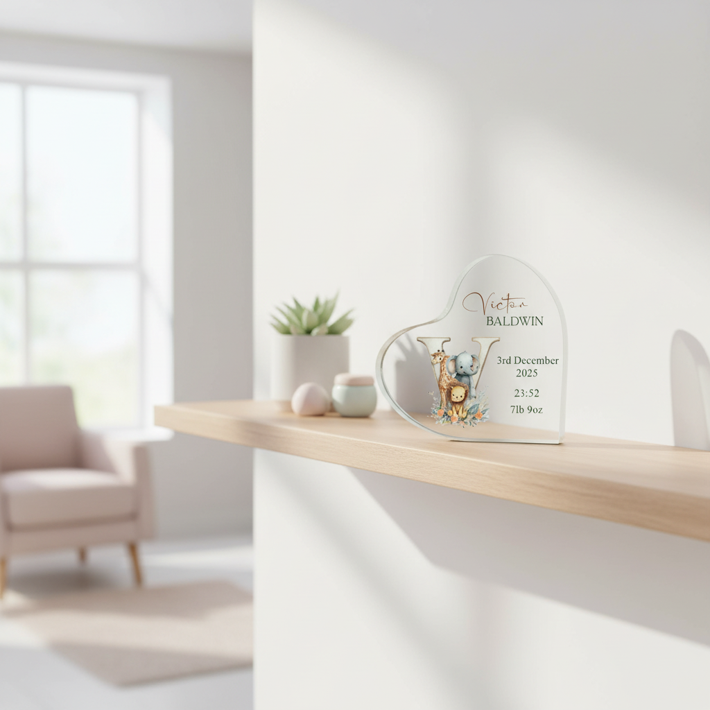Personalised New Baby Gift Heart-Shaped Acrylic Plaque Custom Keepsake Safari Animals Alphabet Acrylic Glass Gift ukgiftstoreonline