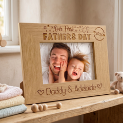 ukgiftstoreonline Personalised Our first Fathers Day Photo Frame Oak wood finish Landscape Father's Day Photo Frame ukgiftstoreonline