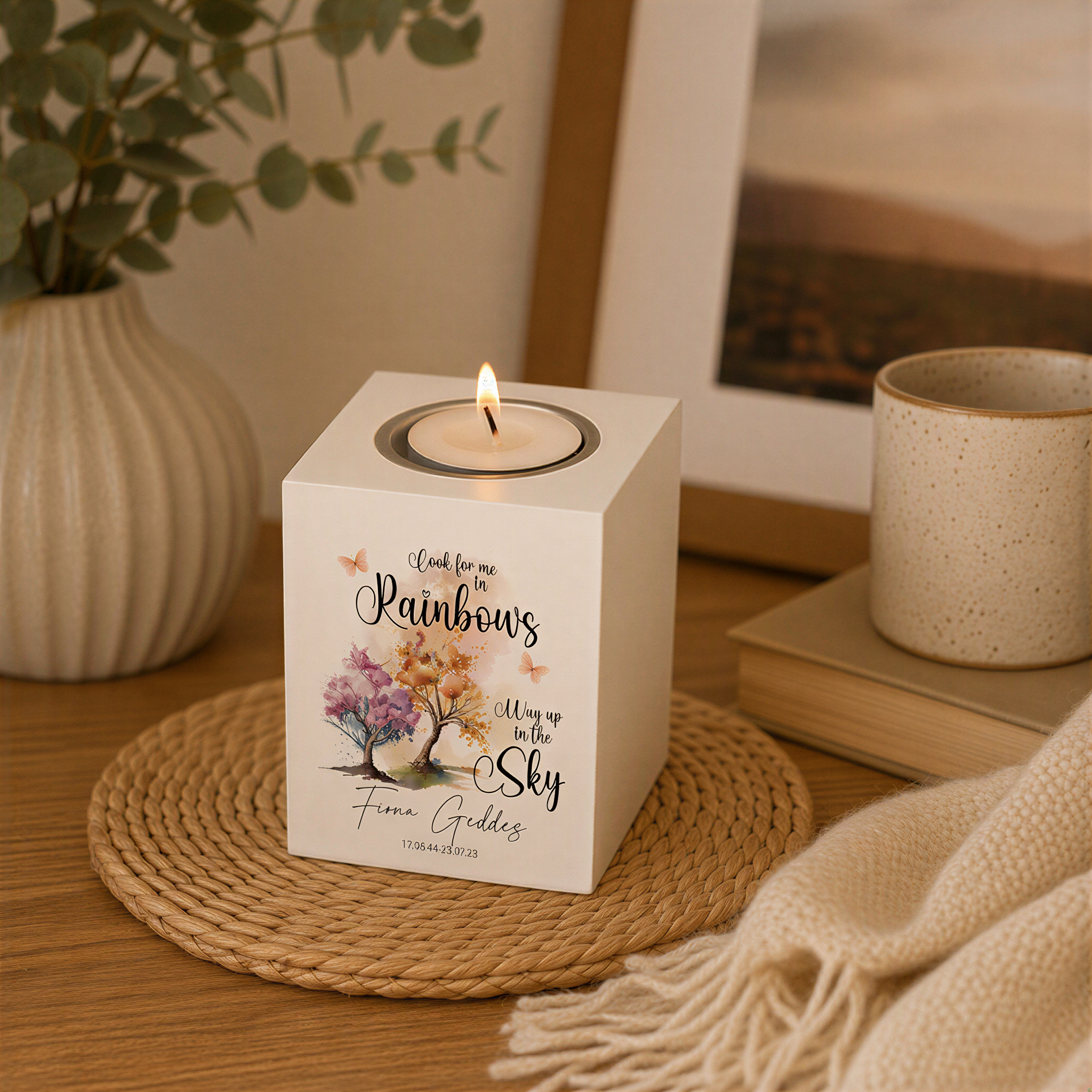Memorial Tea Light Candle Holder, Personalised Rainbow Wood 10Cm Tea Light Holder ukgiftstoreonline