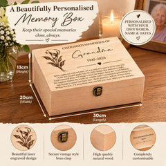 The image is a detailed description of a beautifully personalised memory box, featuring a wooden box with a brass clasp and a brass handle. The box is designed to keep cherished memories close, and it is personalized with the name and dates of Grandma. The box is described as having a beautiful laser engraved design, a secure vintage style, and a high quality natural wood finish. The image also includes a scale for the box, indicating its dimensions, and a description of the box's features.