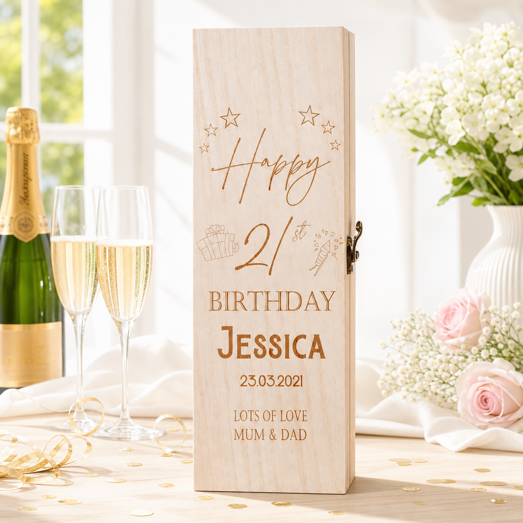 Personalised Birthday Any Age Wooden Wine or Champagne Gift Box Champagne Bottle Holders ukgiftstoreonline