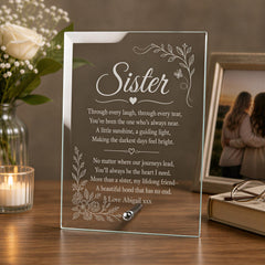 a glass frame with a heartfelt message about a sister, accompanied by a vase of white flowers and a lit candle on a wooden surface.