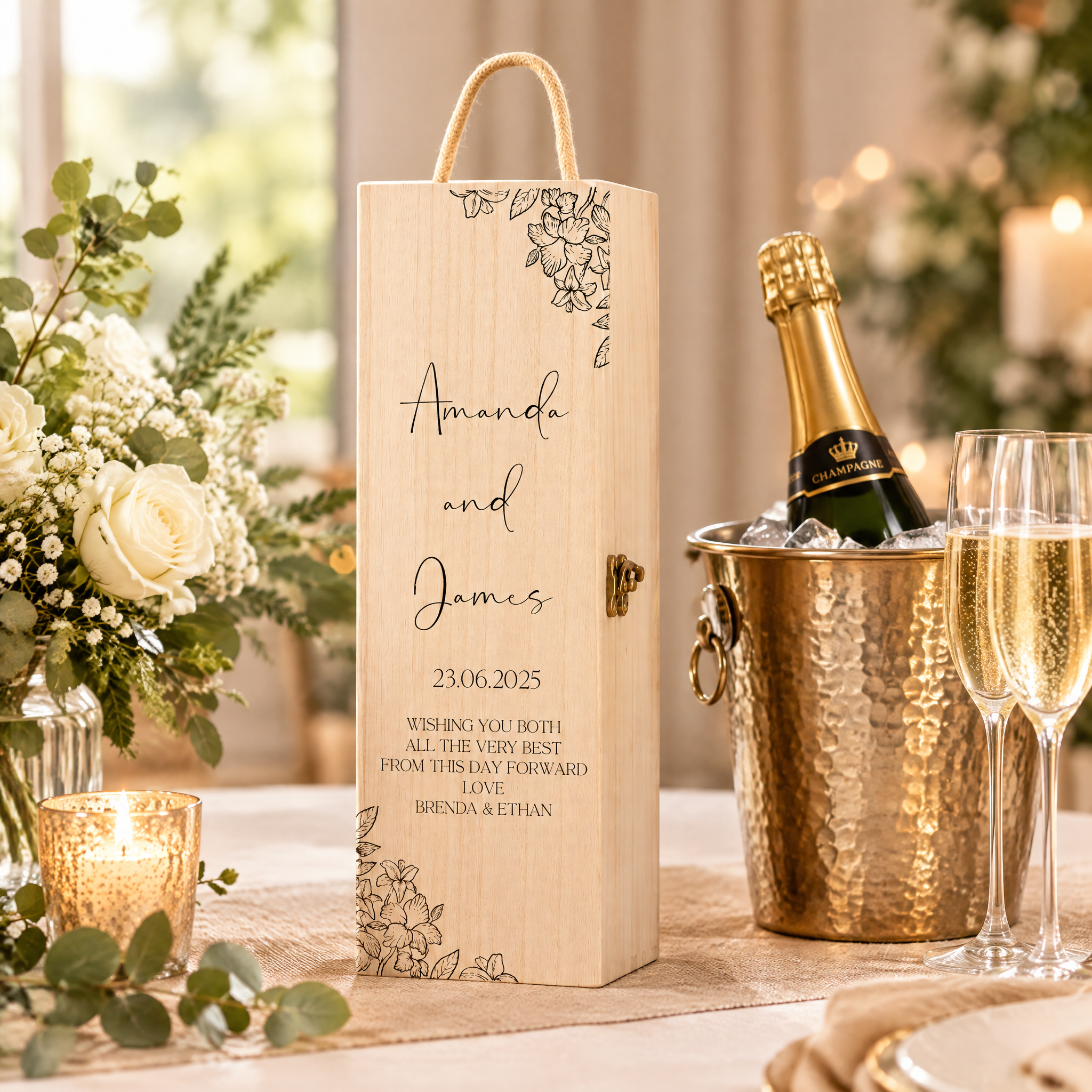 Personalised Wedding Wine Box, Floral Wooden Gift For The Couple Champagne Bottle Holder ukgiftstoreonline