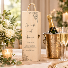 Personalised Wedding Wine Box, Floral Wooden Gift For The Couple Champagne Bottle Holder ukgiftstoreonline