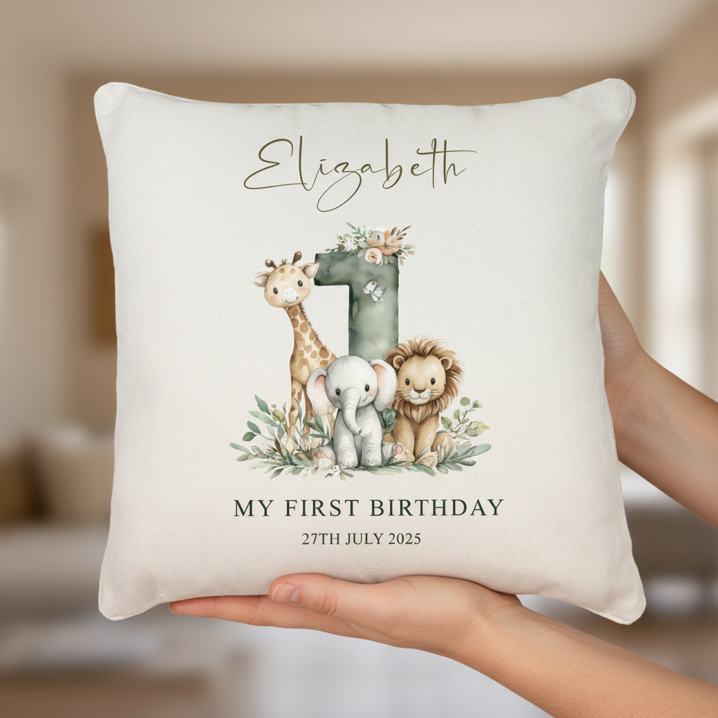 Personalised My First Birthday Baby Cushion, Safari Animals Design, Linen, Custom Pillow Nursery Keepsake Personalised Cushion Gifts ukgiftstoreonline