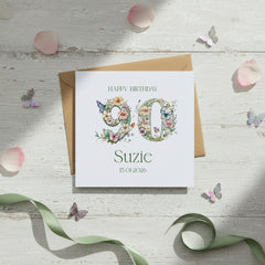 Personalised Luxury Linen 90th Birthday Card, Mum Auntie wife Grandma Friend Floral Numbers Personalised Cards ukgiftstoreonline