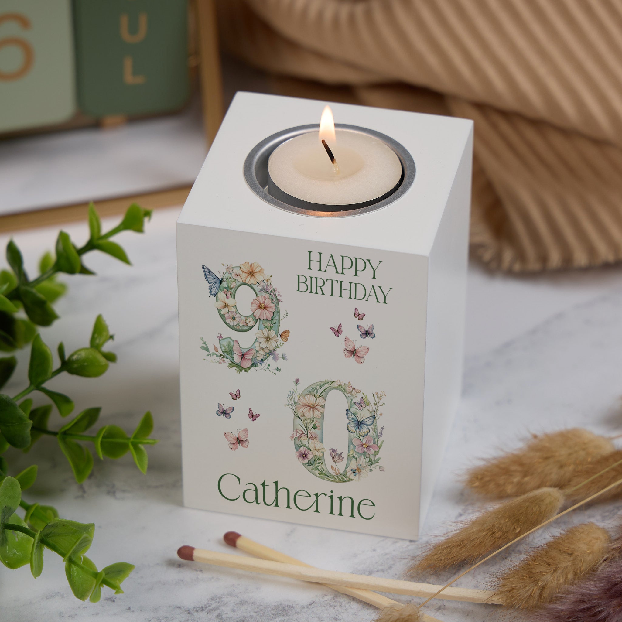 Personalised Landmark Birthday Butterfly and Flowers Tealight Holder 18th 21st 30th 40th 50th 60th 70th 80th 90th Personalised Heart Gifts ukgiftstoreonline 90
