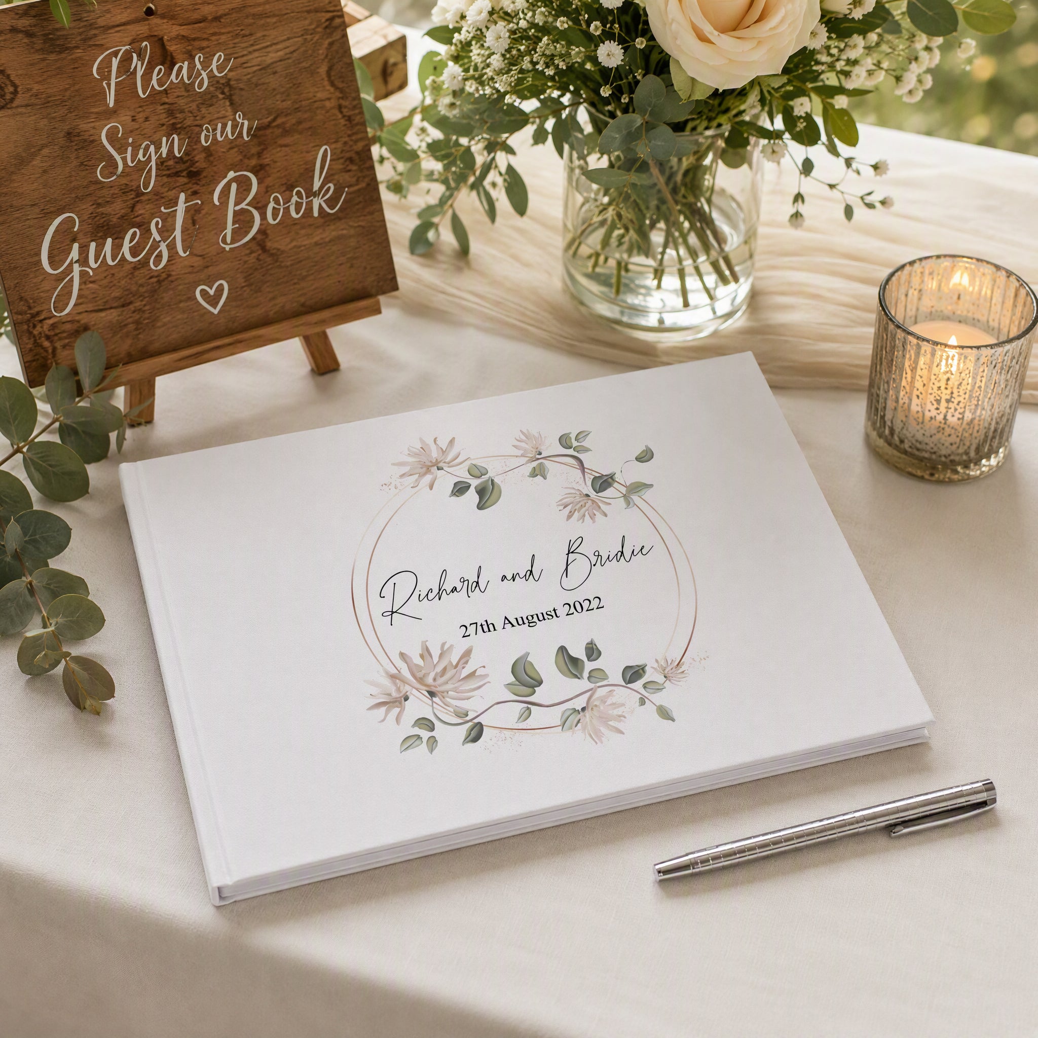 Personalised Wedding Guest Book, Large A4 Linen Cover, Floral Design Guest Book ukgiftstoreonline