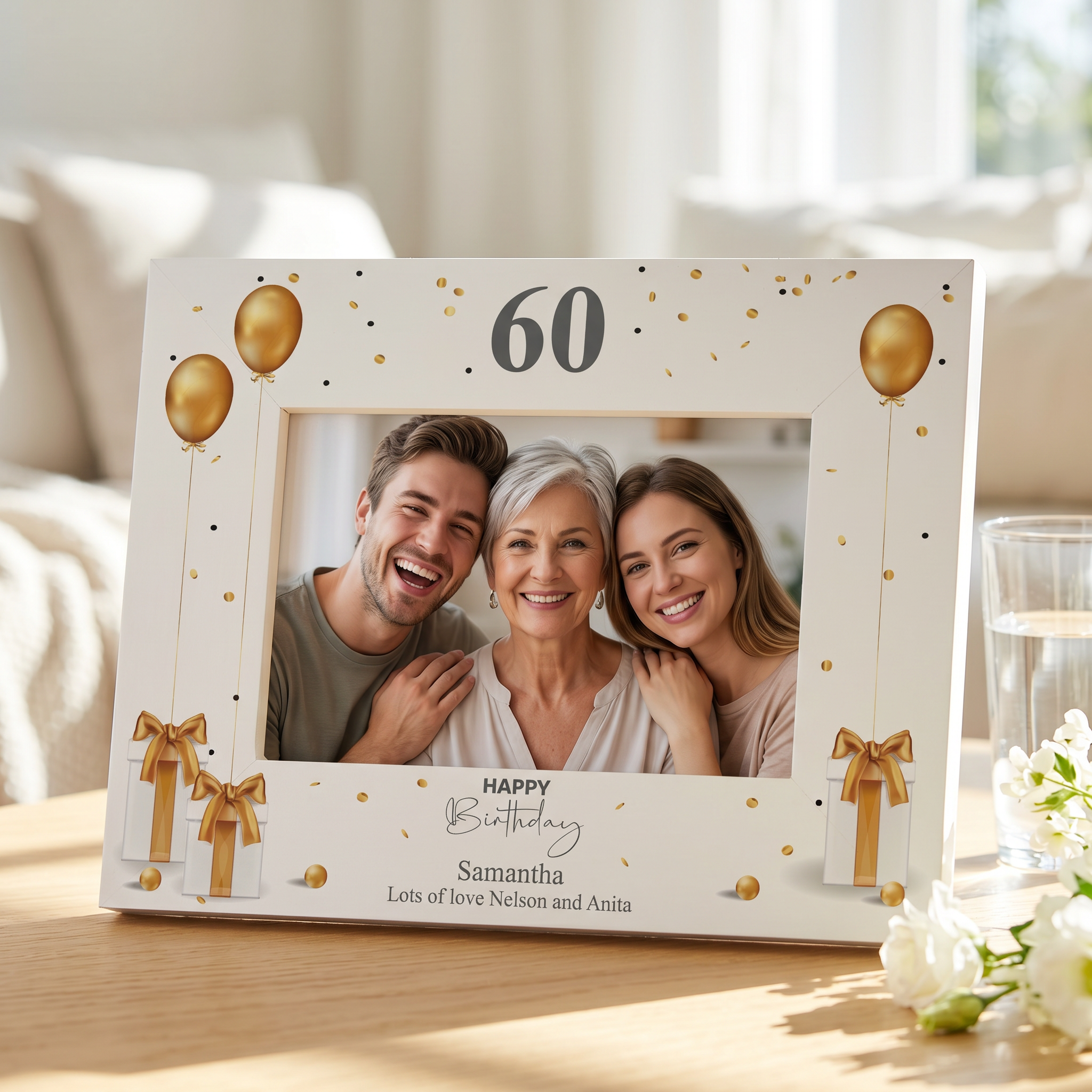 Personalised 60th Birthday Photo Frame With Gold Balloons ukgiftstoreonline