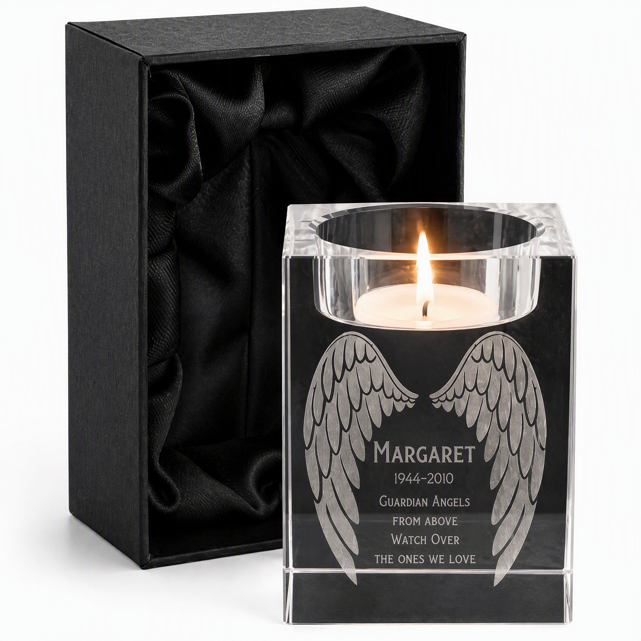 Personalised Crystal Glass Memorial Tea Light Candle Holder Guardian Angel Wings Personalised Crystal Glass ukgiftstoreonline