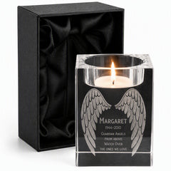 Personalised Crystal Glass Memorial Tea Light Candle Holder Guardian Angel Wings Personalised Crystal Glass ukgiftstoreonline