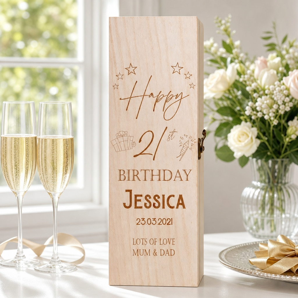 Personalised Birthday Any Age Wooden Wine or Champagne Gift Box Champagne Bottle Holders ukgiftstoreonline